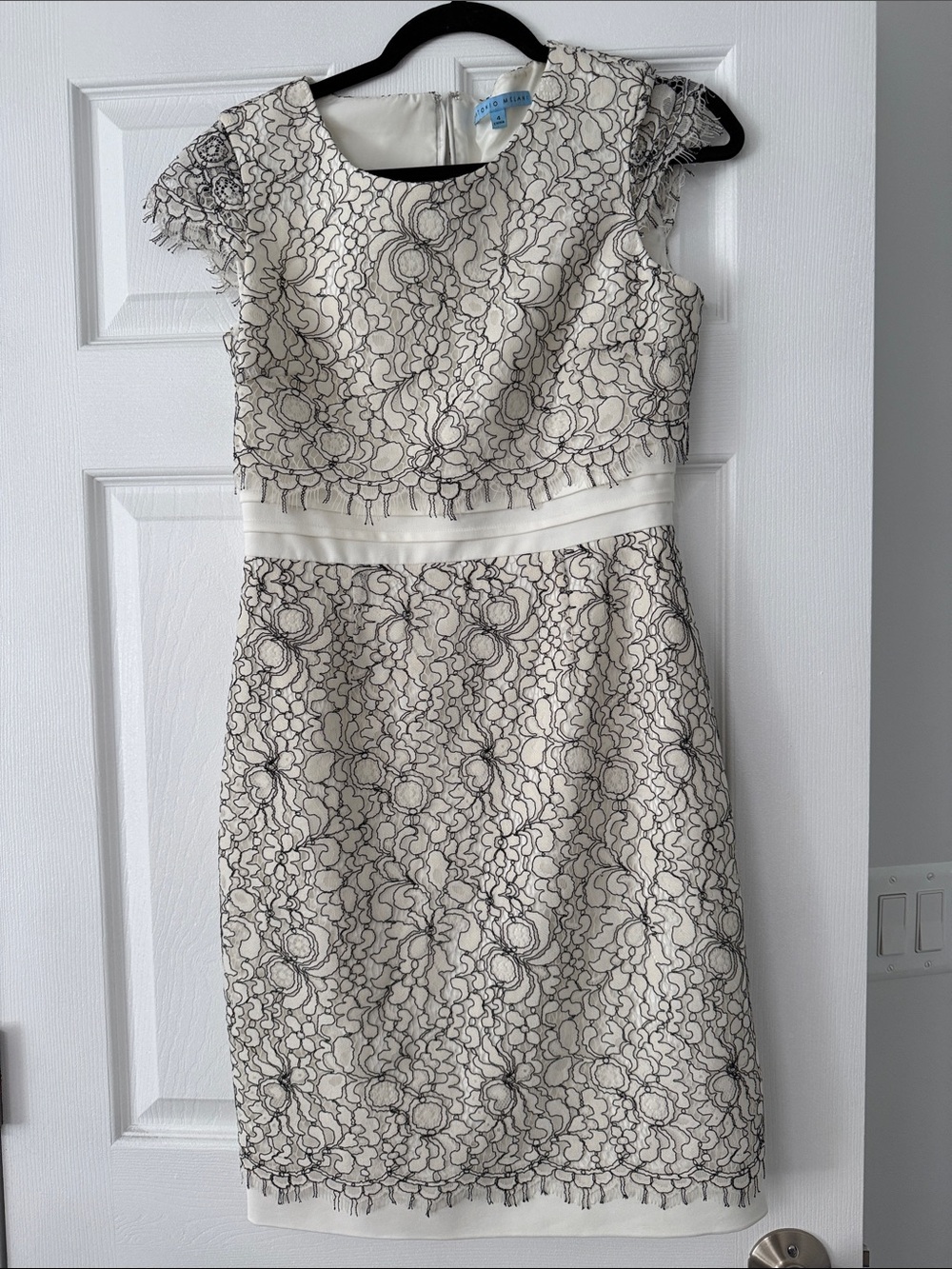 ANTONIO MELANI Ivory Sheath Dress with Black Floral Lace Overlay